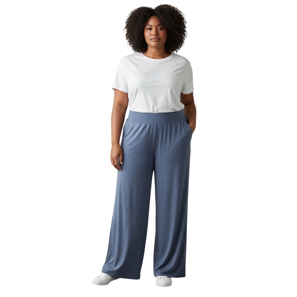 Eileen Fisher Slate Blue Jersey Knit Wide Leg Pants Plus‎ Size 1X High Rise